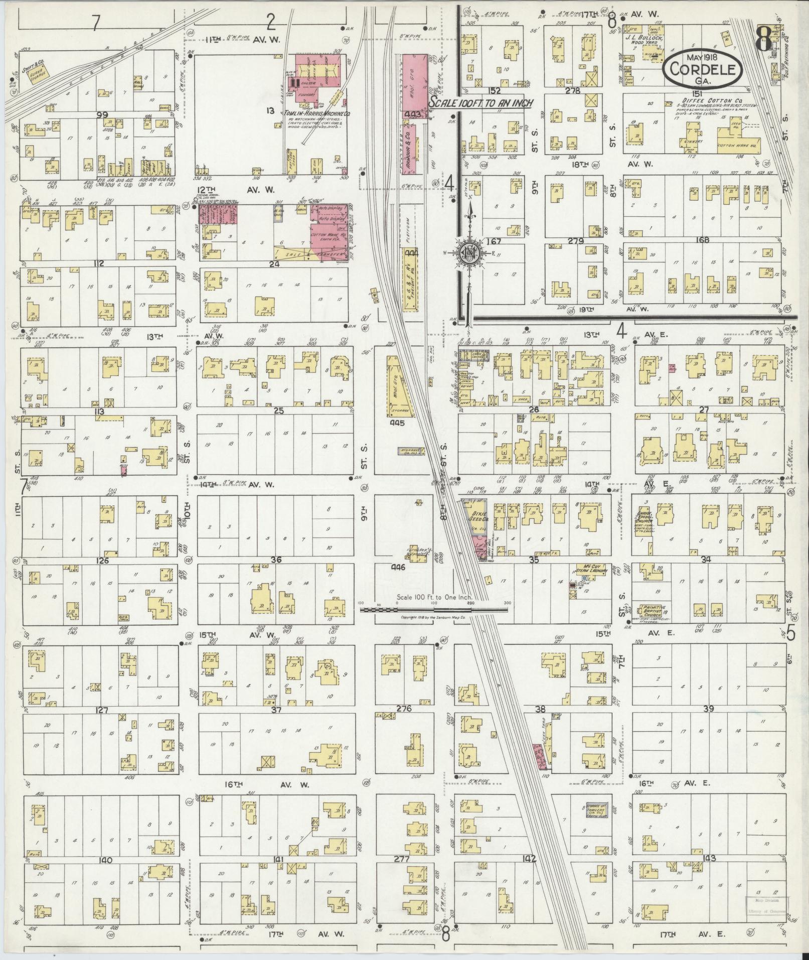Sanborn Fire Insurance Map from Cordele, Crisp County, Georgia (1918), Sheet #0008 - Historic Sanborn Fire Insurance Map Print, vintage old map wall art, antique decor, genealogy gift, Georgia Georgia map