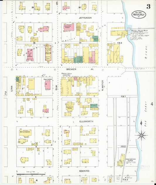 Sanborn Fire Insurance Map from Waverly, Bremer County, Iowa (1905), Sheet #0003 - Historic Sanborn Fire Insurance Map Print, vintage old map wall art