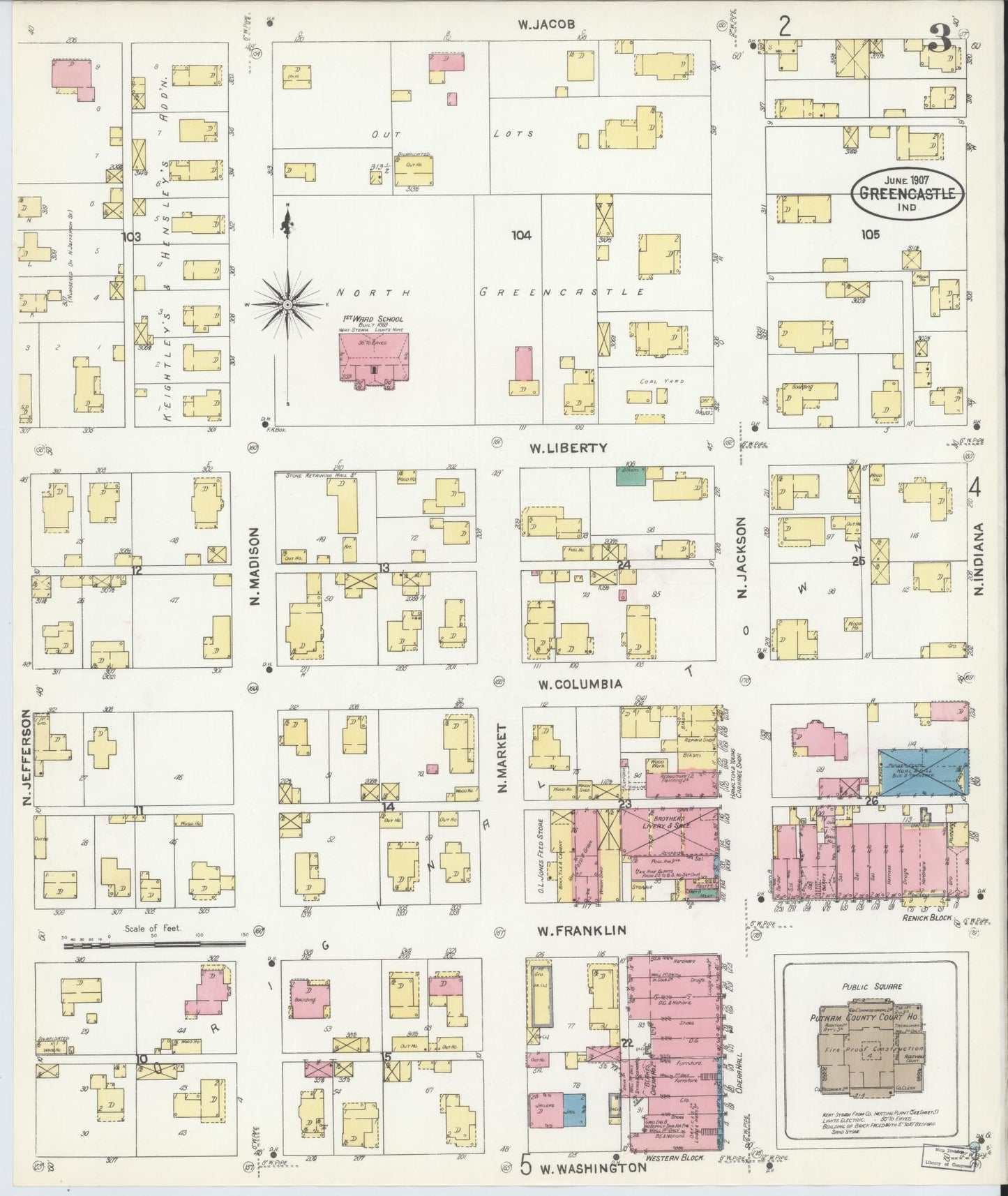 Sanborn Fire Insurance Map from Greencastle, Putnam County, Indiana (1907), Sheet #0003 - Complete Map Set gallery image, historic Sanborn map, vintage wall art, Indiana Indiana