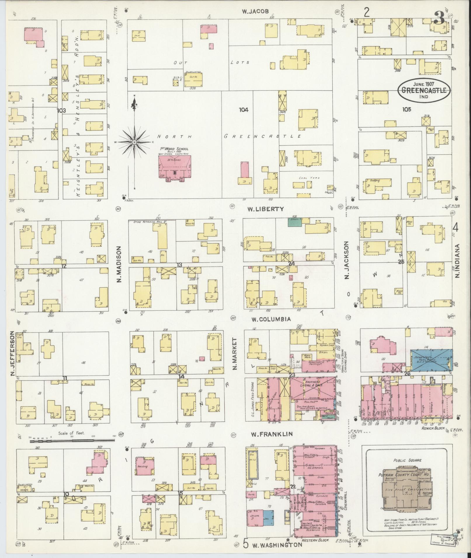 Sanborn Fire Insurance Map from Greencastle, Putnam County, Indiana (1907), Sheet #0003 - Complete Map Set gallery image, historic Sanborn map, vintage wall art, Indiana Indiana