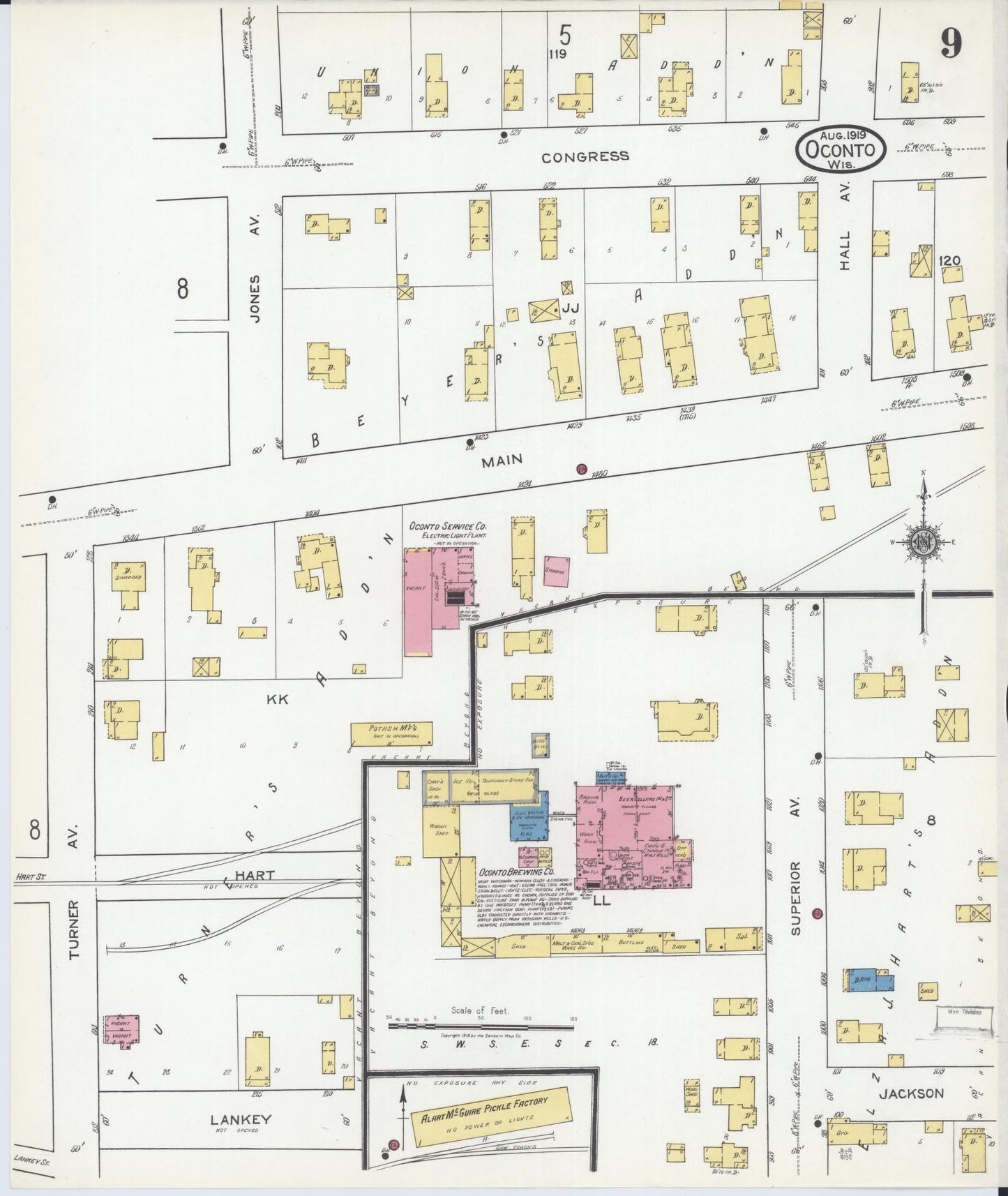 Sanborn Fire Insurance Map from Oconto, Oconto County, Wisconsin (1919), Sheet #0009 - Complete Map Set gallery image, historic Sanborn map, vintage wall art, Wisconsin Wisconsin