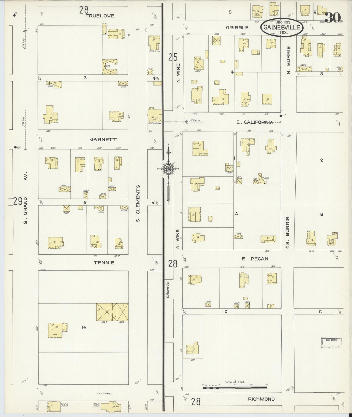 Sanborn Fire Insurance Map from Gainesville, Cooke County, Texas (1913), Sheet #0030 - Historic Sanborn Fire Insurance Map Print, vintage old map wall art, antique decor, genealogy gift, Texas Texas map