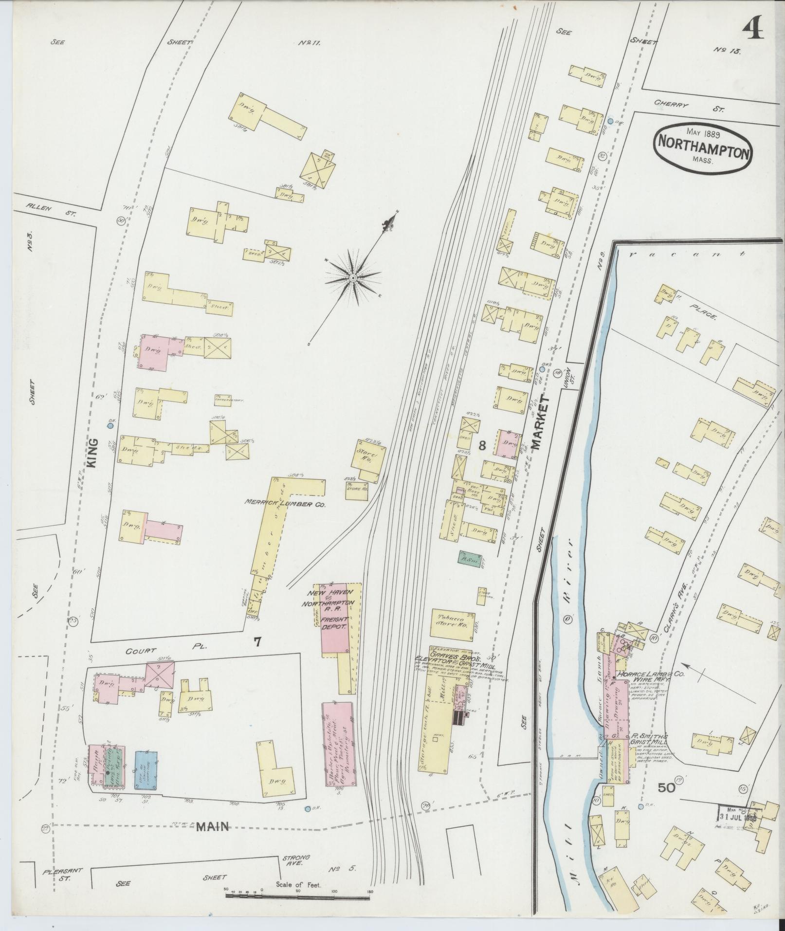 Sanborn Fire Insurance Map from Northampton, Hampshire County, Massachusetts (1889), Sheet #0004 - Complete Map Set gallery image, historic Sanborn map, vintage wall art, Massachusetts Massachusetts
