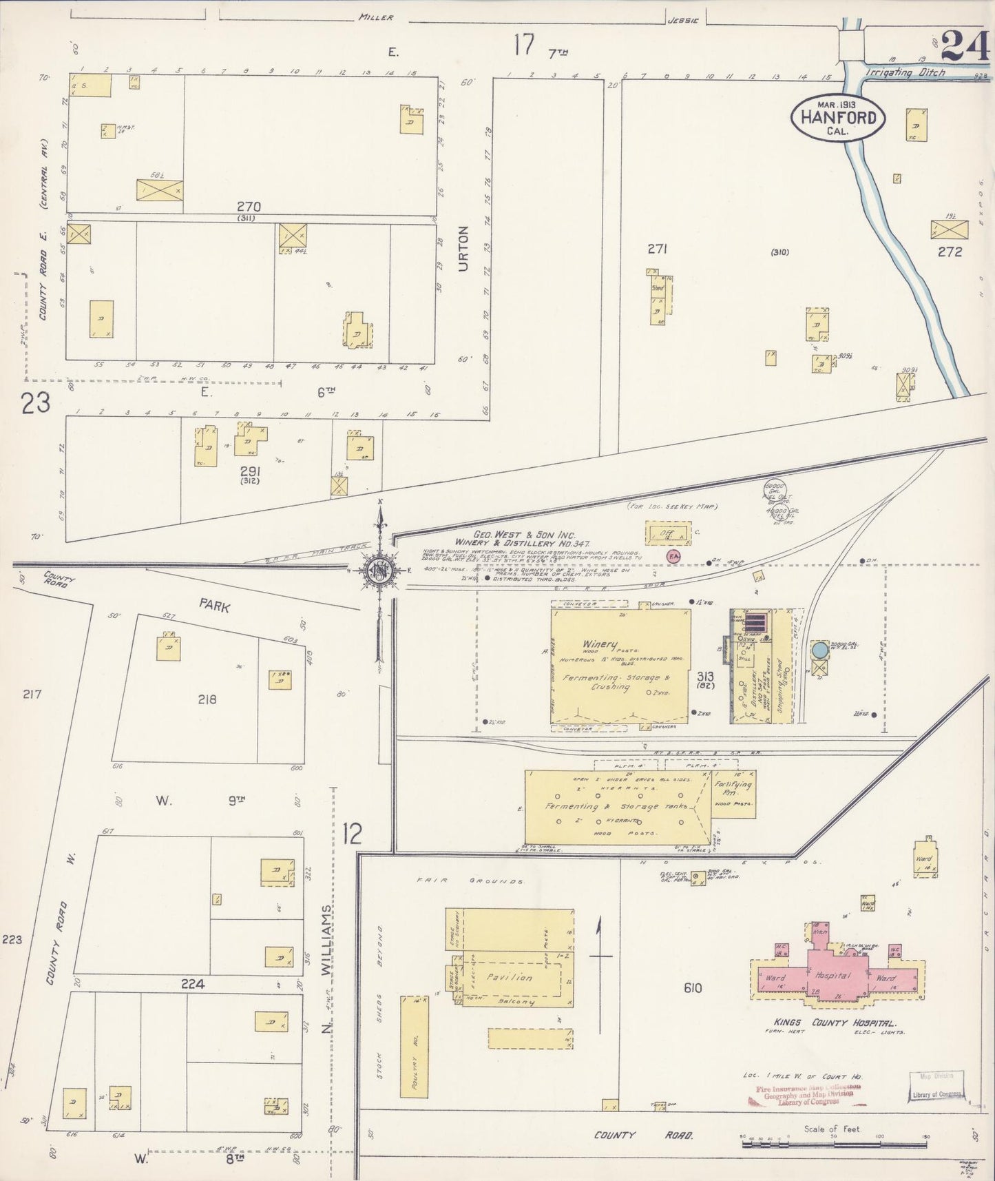 Sanborn Fire Insurance Map from Hanford, Kings County, California (1913), Sheet #0024 - Historic Sanborn Fire Insurance Map Print, vintage old map wall art, antique decor, genealogy gift, California California map
