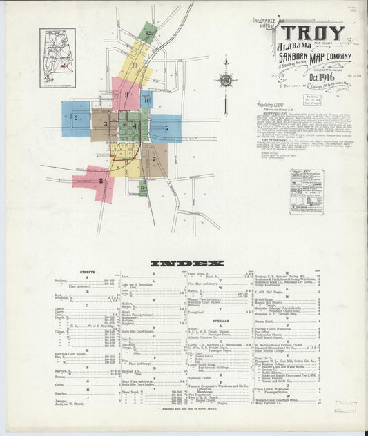 Sanborn Fire Insurance Map from Troy, Pike County, Alabama (1916), Sheet #0001 - Historic Sanborn Fire Insurance Map Print, vintage old map wall art, antique decor, genealogy gift, Alabama Alabama map