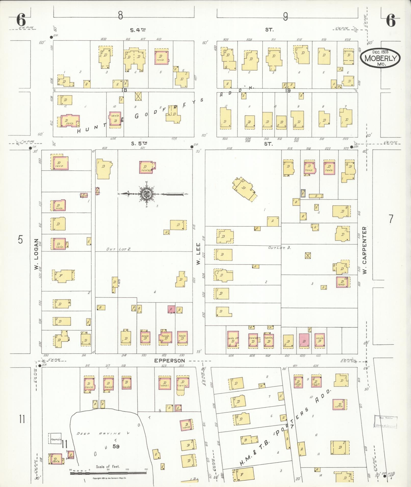 Sanborn Fire Insurance Map from Moberly, Randolph County, Missouri (1923), Sheet #0006 - Historic Sanborn Fire Insurance Map Print, vintage old map wall art, antique decor, genealogy gift, Missouri Missouri map