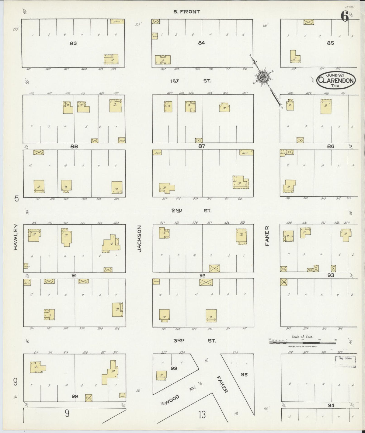 Sanborn Fire Insurance Map from Clarendon, Donley County, Texas (1921), Sheet #0006 - Historic Sanborn Fire Insurance Map Print, vintage old map wall art, antique decor, genealogy gift, Texas Texas map