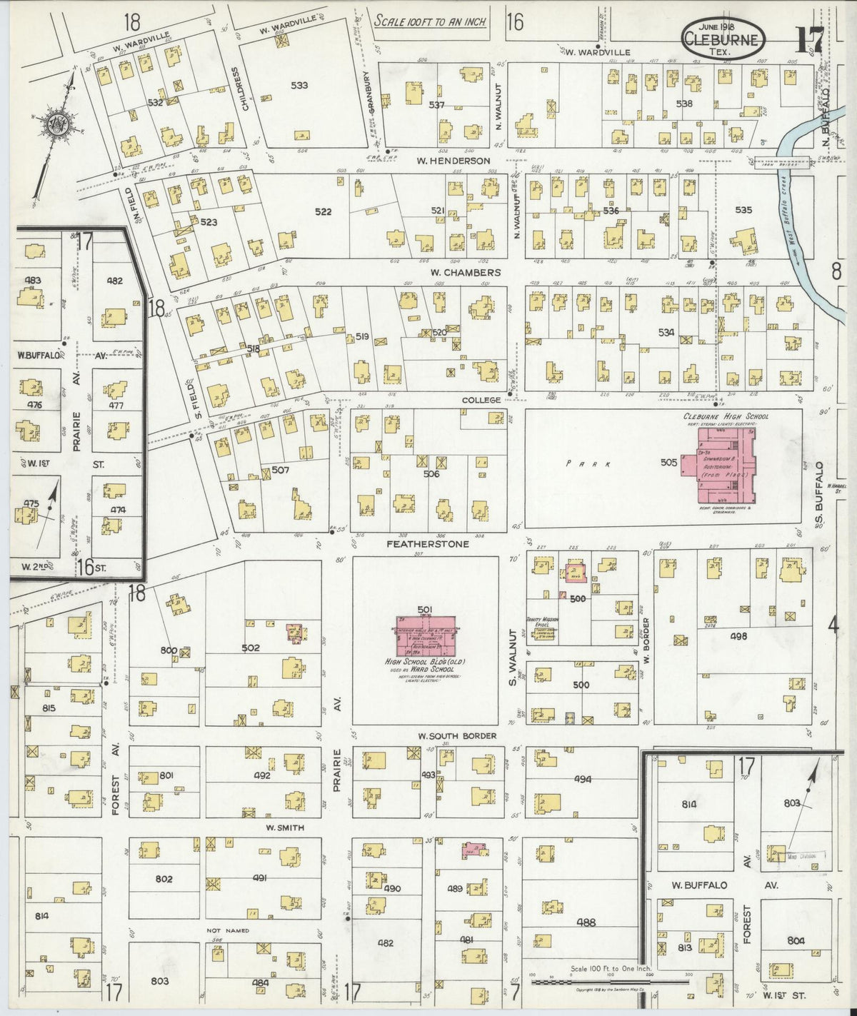 Sanborn Fire Insurance Map from Cleburne, Johnson County, Texas (1918), Sheet #0017 - Complete Map Set gallery image, historic Sanborn map, vintage wall art, Texas Texas
