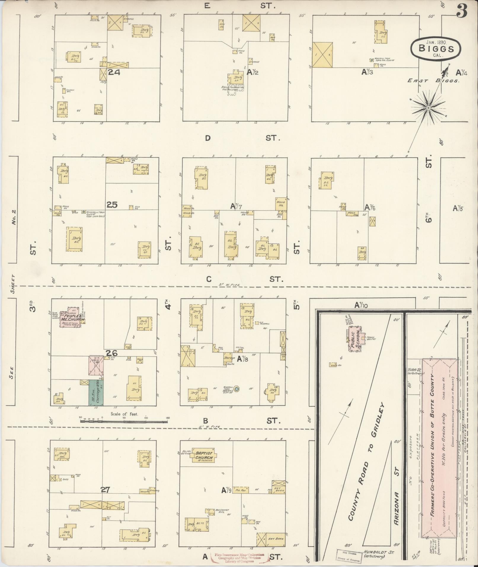 Sanborn Fire Insurance Map from Biggs, Butte County, California (1890), Sheet #0003 - Historic Sanborn Fire Insurance Map Print, vintage old map wall art, antique decor, genealogy gift, California California map