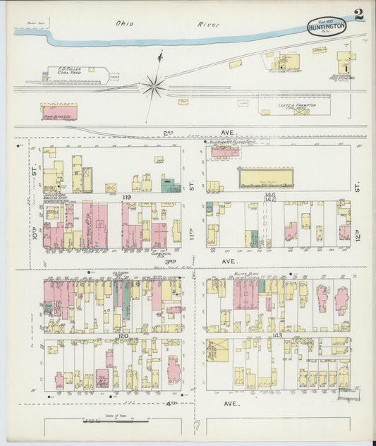 Sanborn Fire Insurance Map from Huntington, Cabell County, West Virginia (1893), Sheet #0002 - Historic Sanborn Fire Insurance Map Print, vintage old map wall art, antique decor, genealogy gift, West Virginia West Virginia map