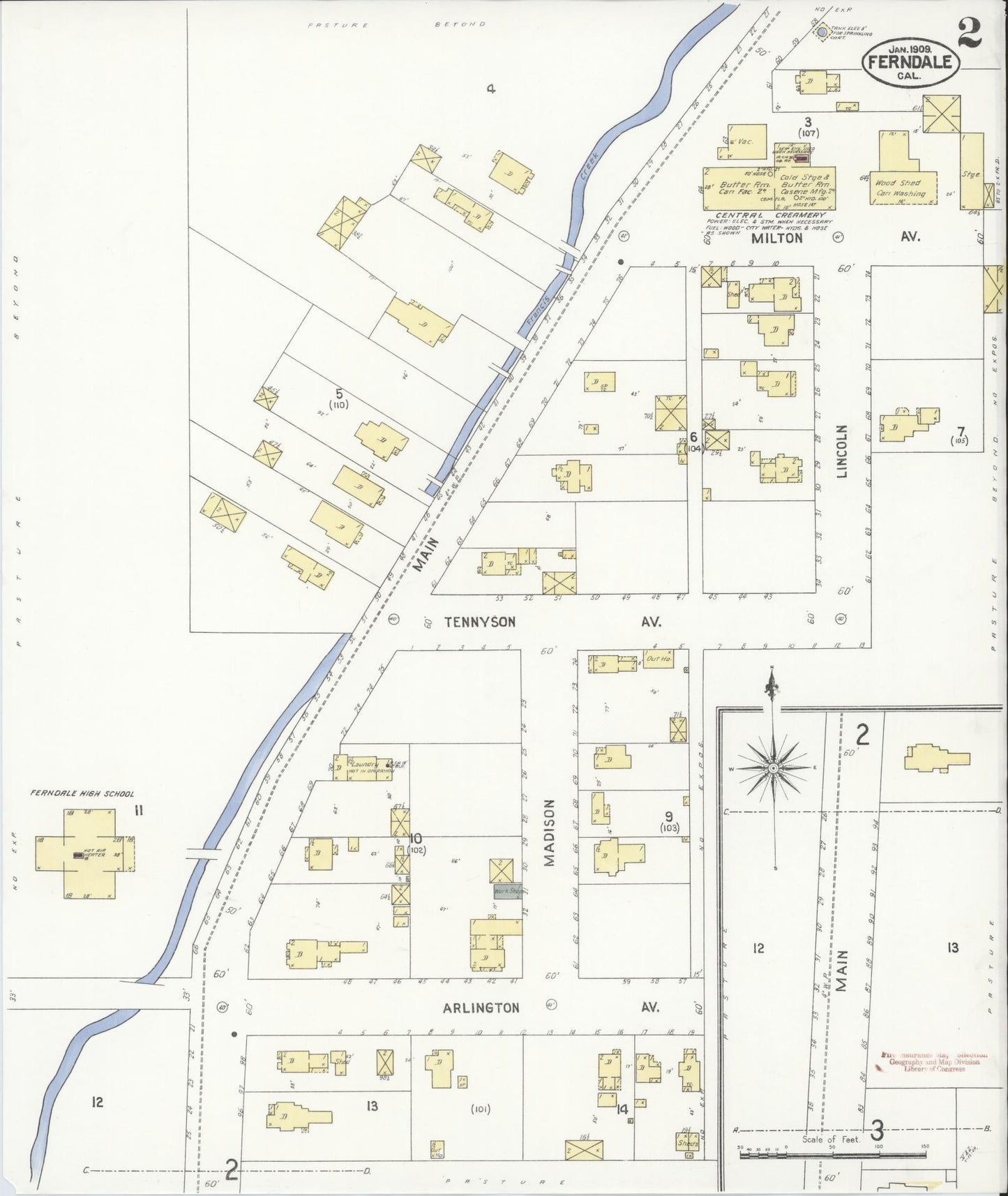 Sanborn Fire Insurance Map from Ferndale, Humboldt County, California (1909), Sheet #0002 - Historic Sanborn Fire Insurance Map Print, vintage old map wall art, antique decor, genealogy gift, California California map