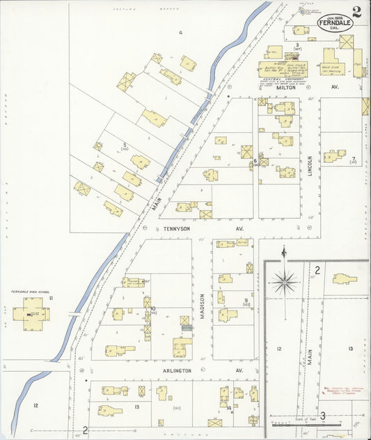 Sanborn Fire Insurance Map from Ferndale, Humboldt County, California (1909), Sheet #0002 - Historic Sanborn Fire Insurance Map Print, vintage old map wall art, antique decor, genealogy gift, California California map