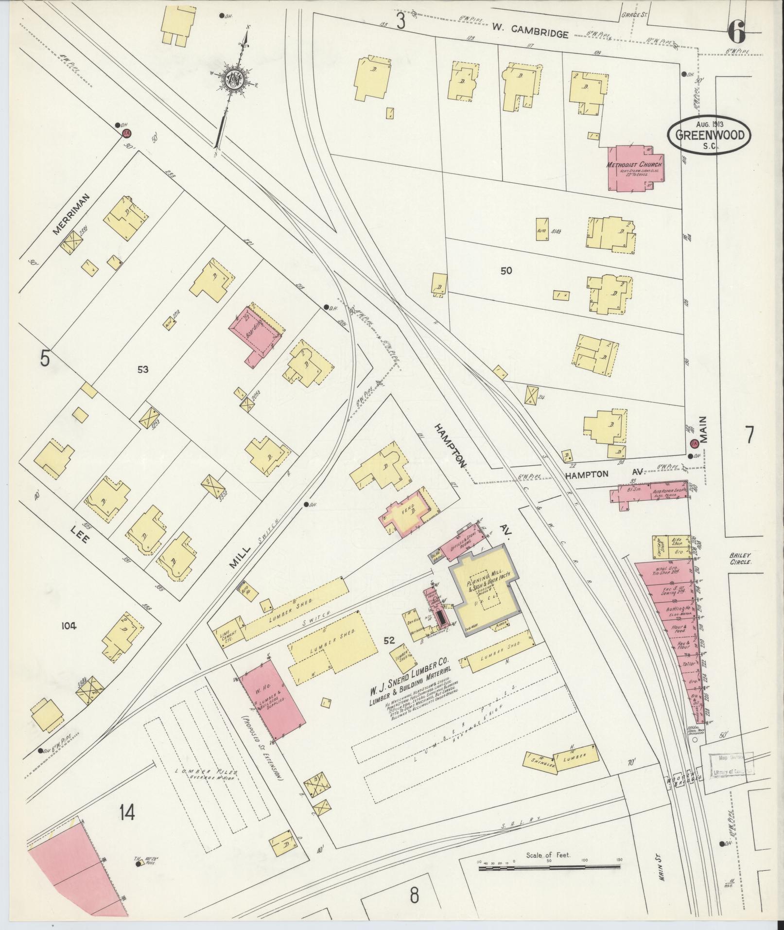 Sanborn Fire Insurance Map from Greenwood, Greenwood County, South Carolina (1913), Sheet #0006 - Complete Map Set gallery image, historic Sanborn map, vintage wall art, South Carolina South Carolina