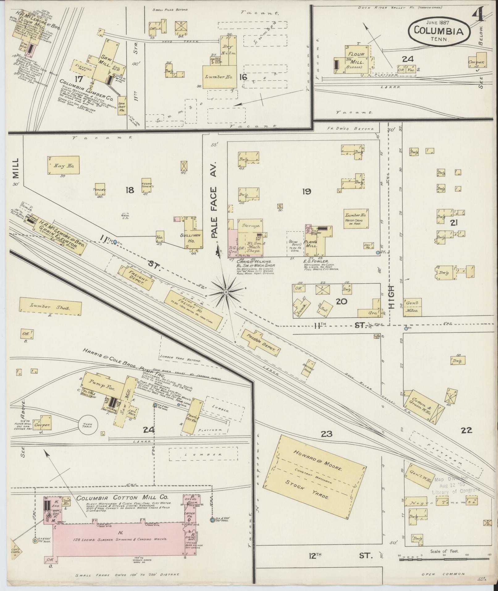 Sanborn Fire Insurance Map from Columbia, Maury County, Tennessee (1887), Sheet #0004 - Historic Sanborn Fire Insurance Map Print, vintage old map wall art, antique decor, genealogy gift, Tennessee Tennessee map