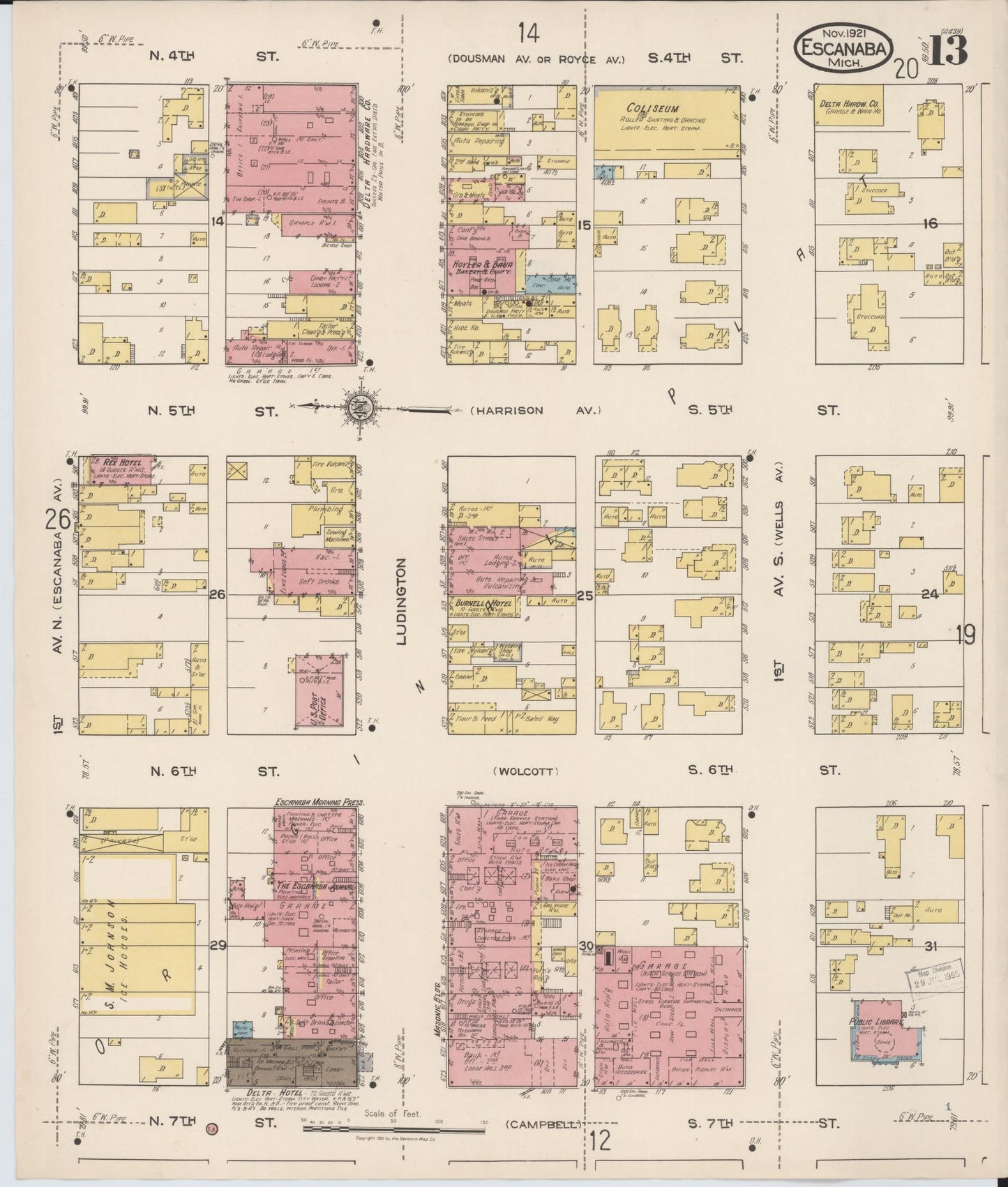 Sanborn Fire Insurance Map from Escanaba, Delta County, Michigan (1921), Sheet #0013 - Complete Map Set gallery image, historic Sanborn map, vintage wall art, Michigan Michigan