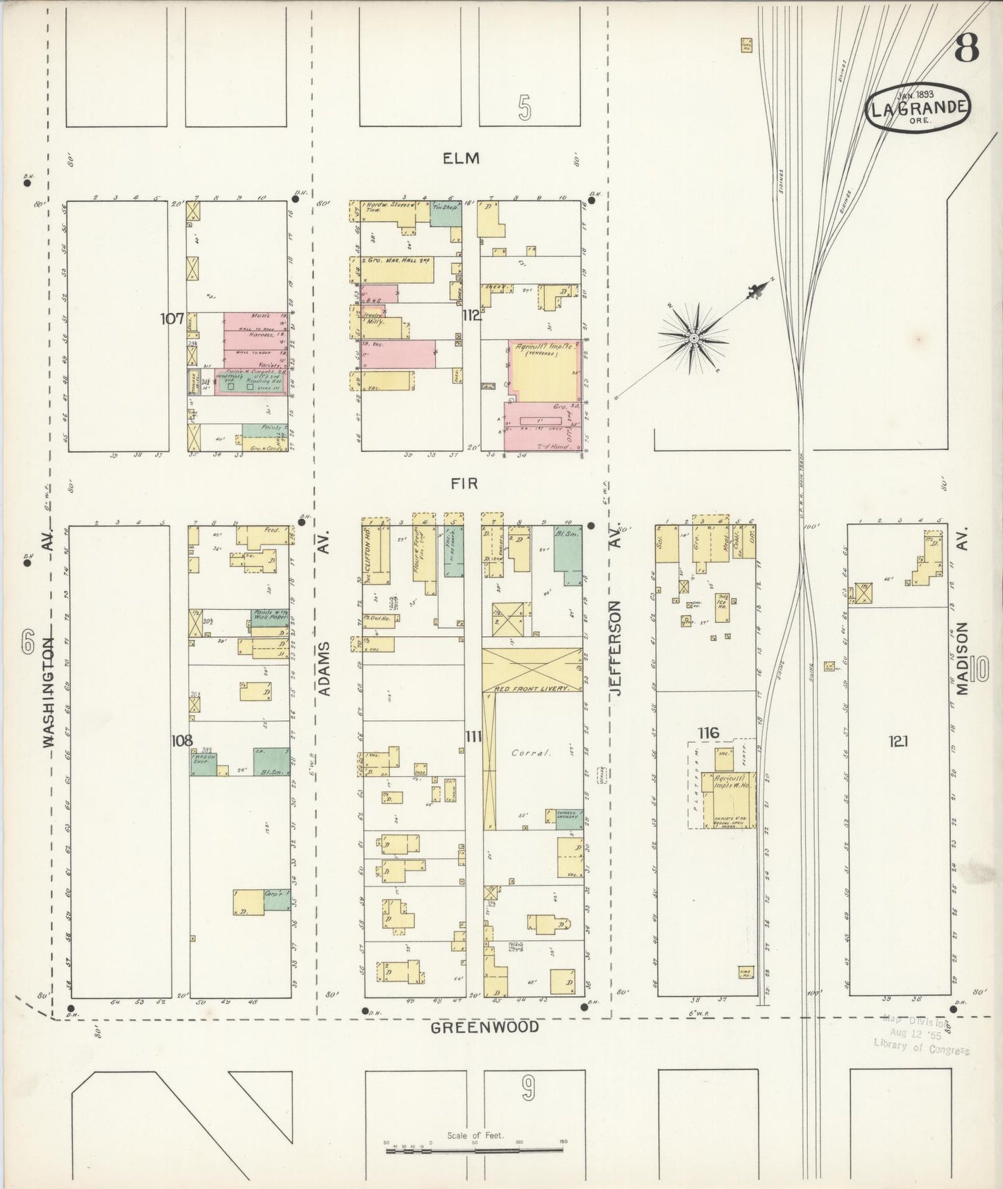 Sanborn Fire Insurance Map from La Grande, Union County, Oregon (1893), Sheet #0008 - Complete Map Set gallery image, historic Sanborn map, vintage wall art, Oregon Oregon
