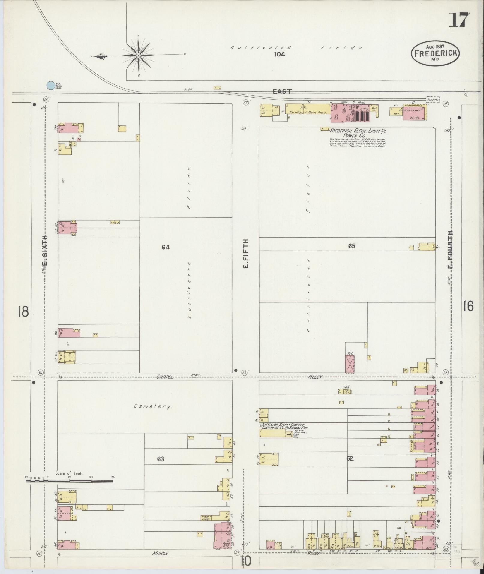 Frederick, Maryland - 1897 - Sanborn Fire Insurance Map, Sheet #0017 - Historic Sanborn Fire Insurance Map Print, Frederick Maryland 1897 0017 vintage old map wall art