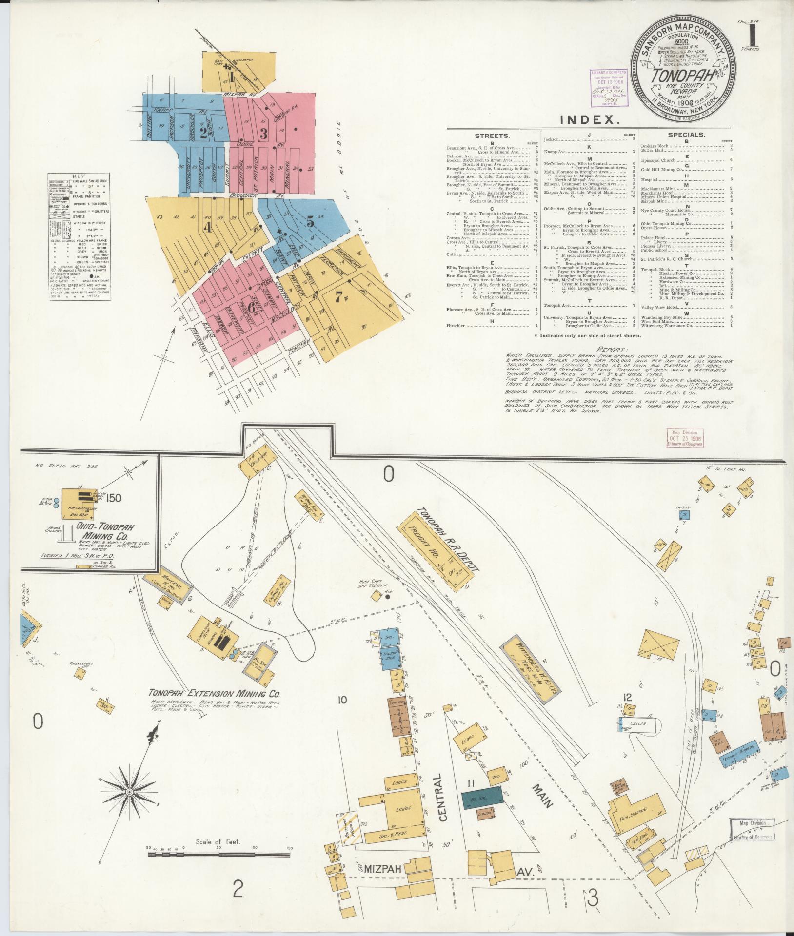 Sanborn Fire Insurance Map from Tonopah, Nye County, Nevada (1906), Sheet #0001 - Complete Map Set gallery image, historic Sanborn map, vintage wall art, Nevada Nevada