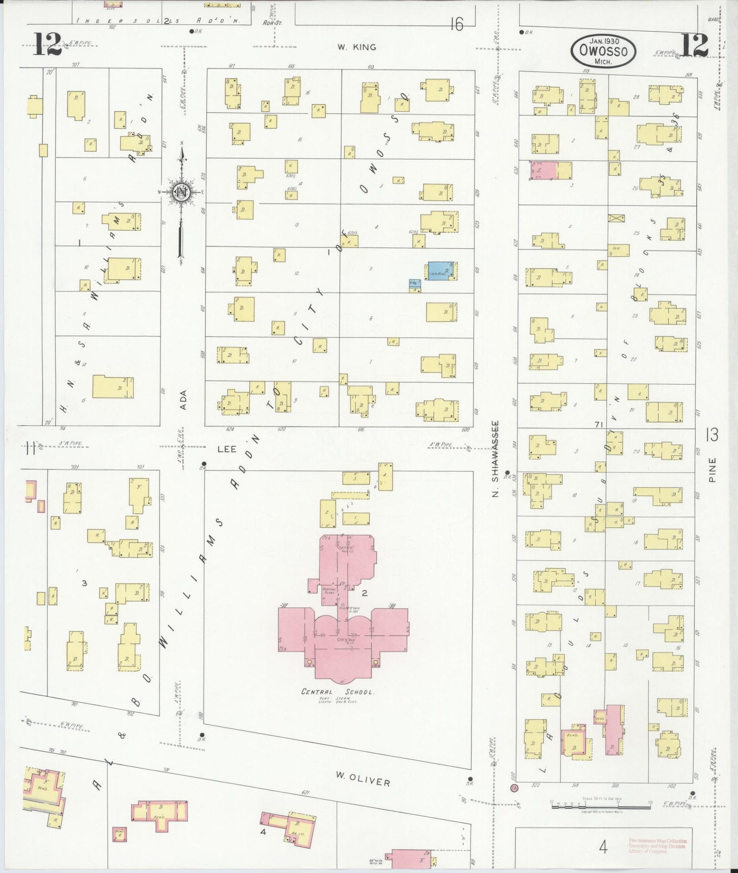 Sanborn Fire Insurance Map from Owosso, Shiawassee County, Michigan (1930), Sheet #0012 - Complete Map Set gallery image, historic Sanborn map, vintage wall art, Michigan Michigan