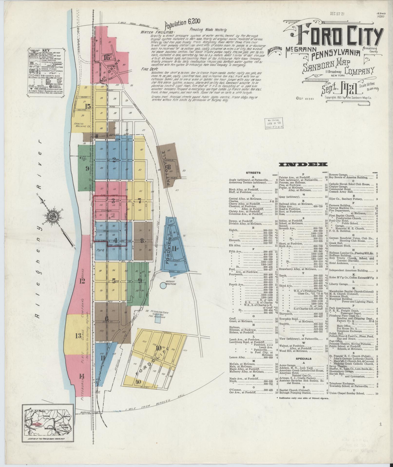 Sanborn Fire Insurance Map from Ford City, Armstrong County, Pennsylvania (1921), Sheet #0001 - Historic Sanborn Fire Insurance Map Print, vintage old map wall art, antique decor, genealogy gift, Pennsylvania Pennsylvania map