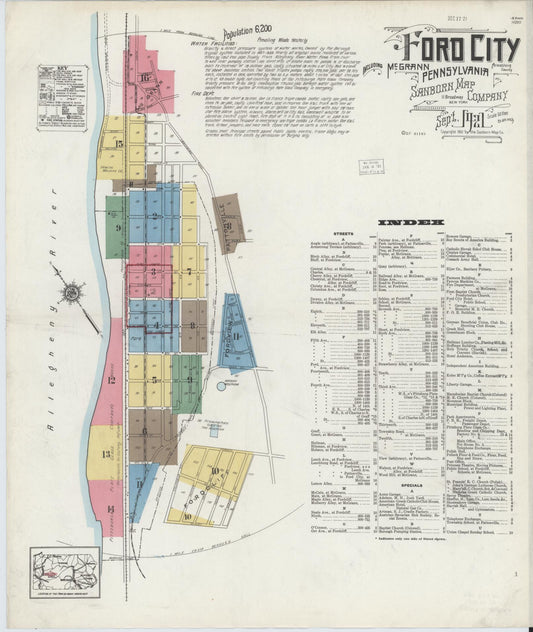 Sanborn Fire Insurance Map from Ford City, Armstrong County, Pennsylvania (1921), Sheet #0001 - Historic Sanborn Fire Insurance Map Print, vintage old map wall art, antique decor, genealogy gift, Pennsylvania Pennsylvania map