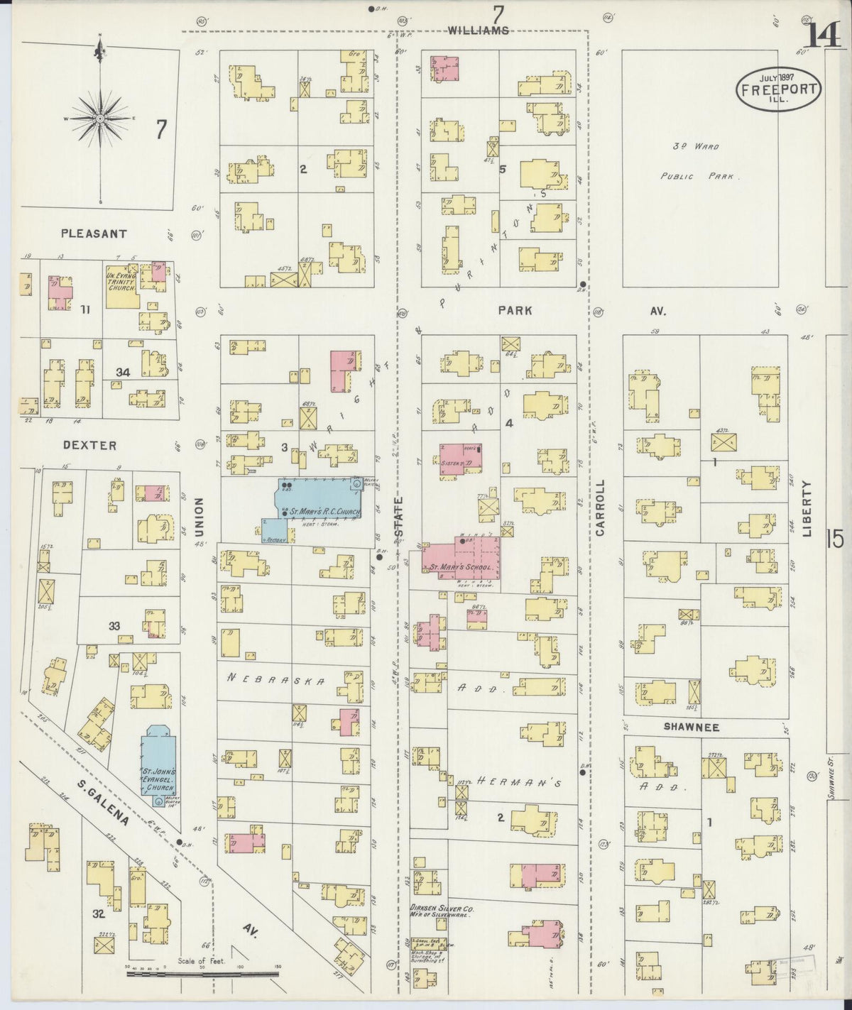 Sanborn Fire Insurance Map from Freeport, Stephenson County, Illinois (1897), Sheet #0014 - Historic Sanborn Fire Insurance Map Print, vintage old map wall art, antique decor, genealogy gift, Illinois Illinois map