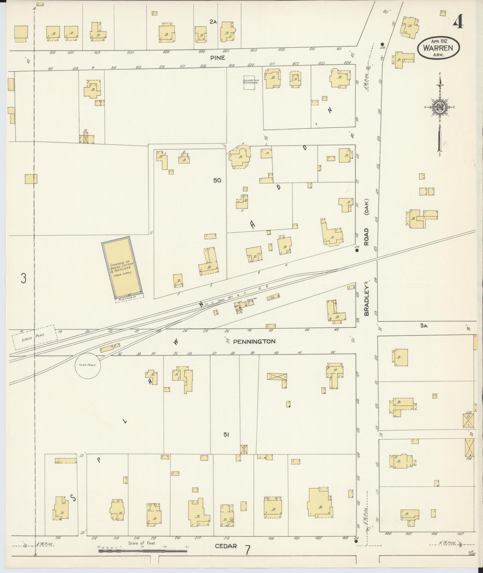 Sanborn Fire Insurance Map from Warren, Bradley County, Arkansas (1912), Sheet #0004 - Historic Sanborn Fire Insurance Map Print, vintage old map wall art, antique decor, genealogy gift, Arkansas Arkansas map