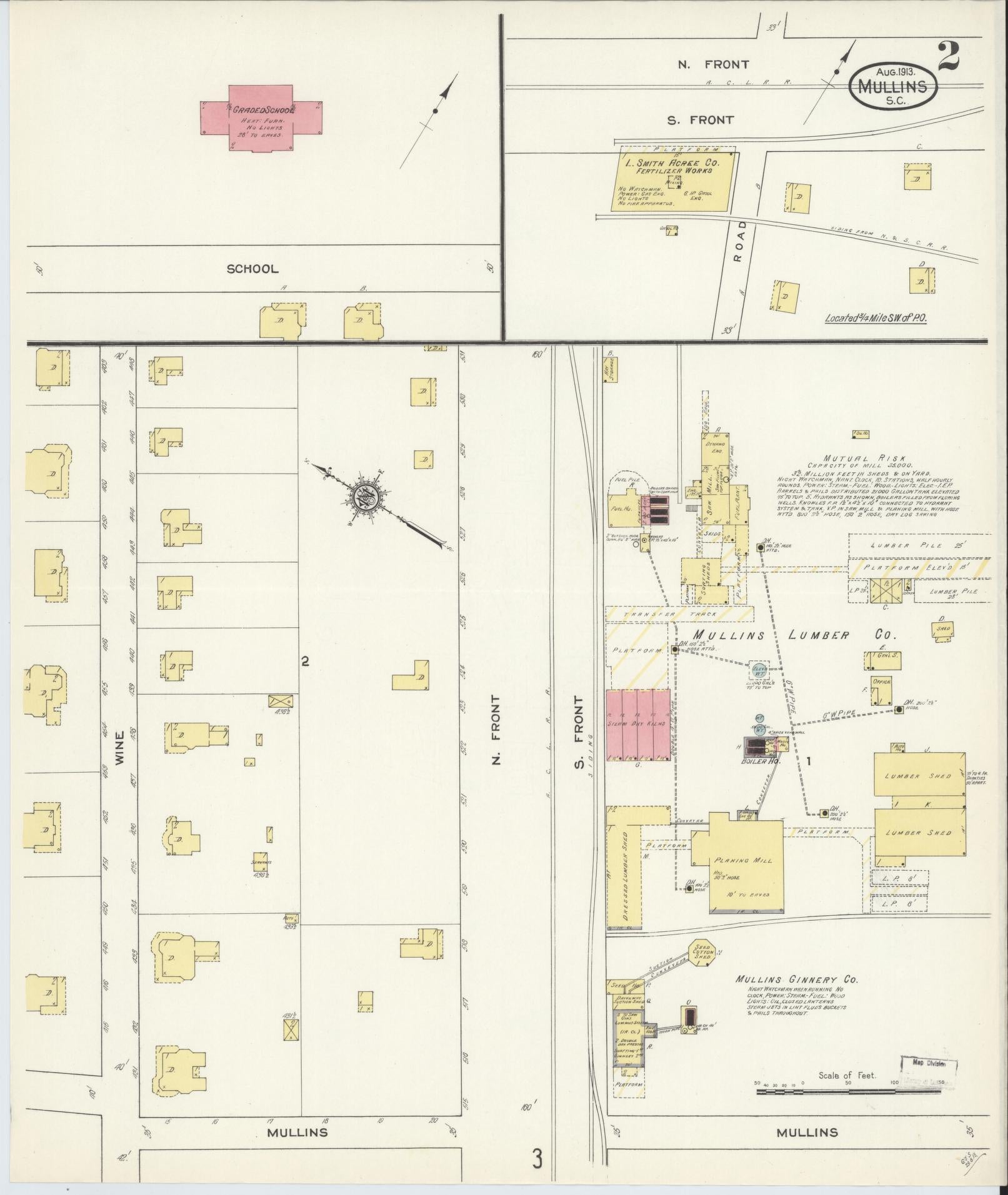 Sanborn Fire Insurance Map from Mullins, Marion County, South Carolina (1913), Sheet #0002 - Complete Map Set gallery image, historic Sanborn map, vintage wall art, South Carolina South Carolina