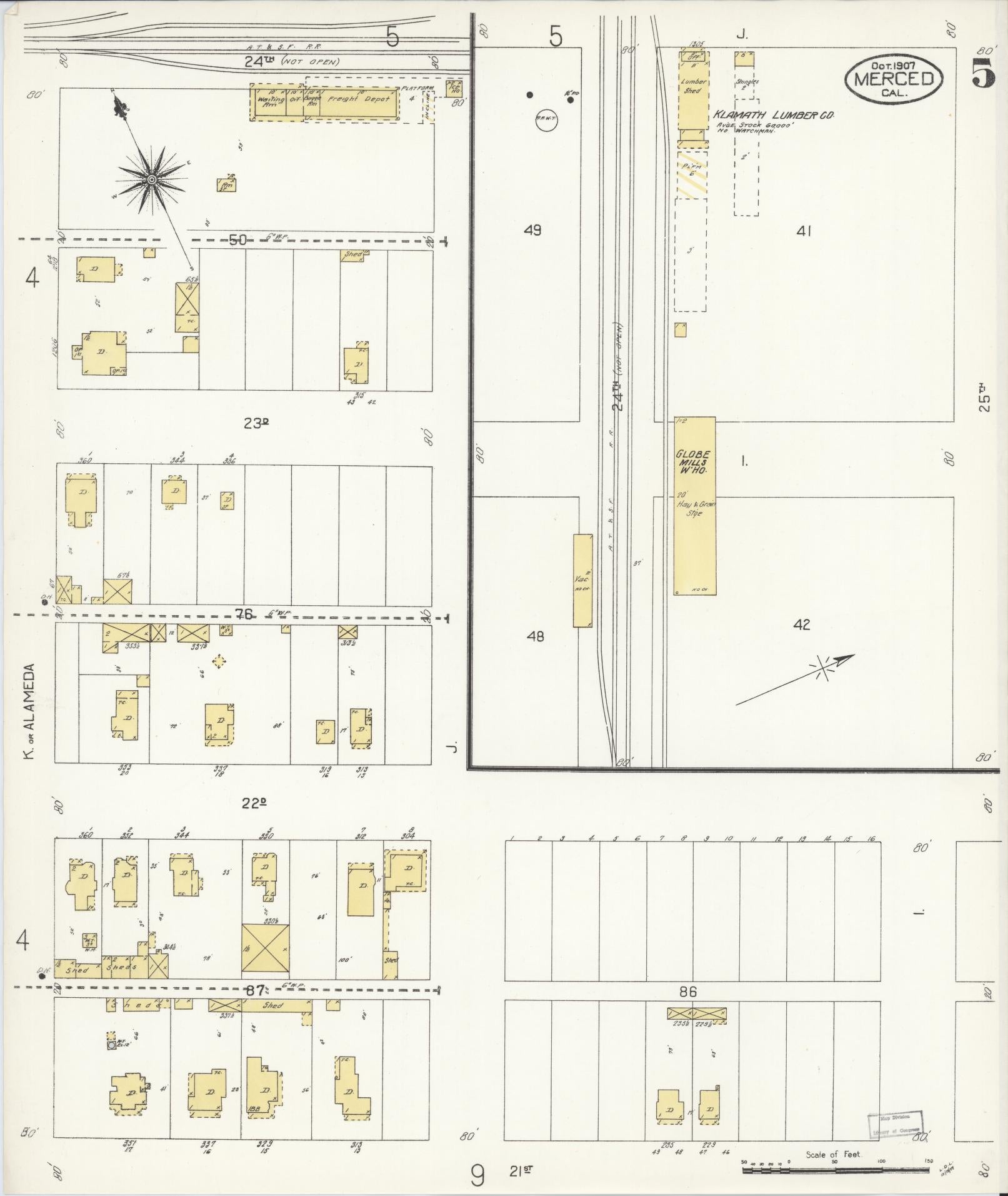 Sanborn Fire Insurance Map from Merced, Merced County, California (1907), Sheet #0005 - Historic Sanborn Fire Insurance Map Print, vintage old map wall art, antique decor, genealogy gift, California California map