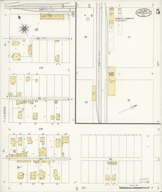Sanborn Fire Insurance Map from Merced, Merced County, California (1907), Sheet #0005 - Historic Sanborn Fire Insurance Map Print, vintage old map wall art, antique decor, genealogy gift, California California map