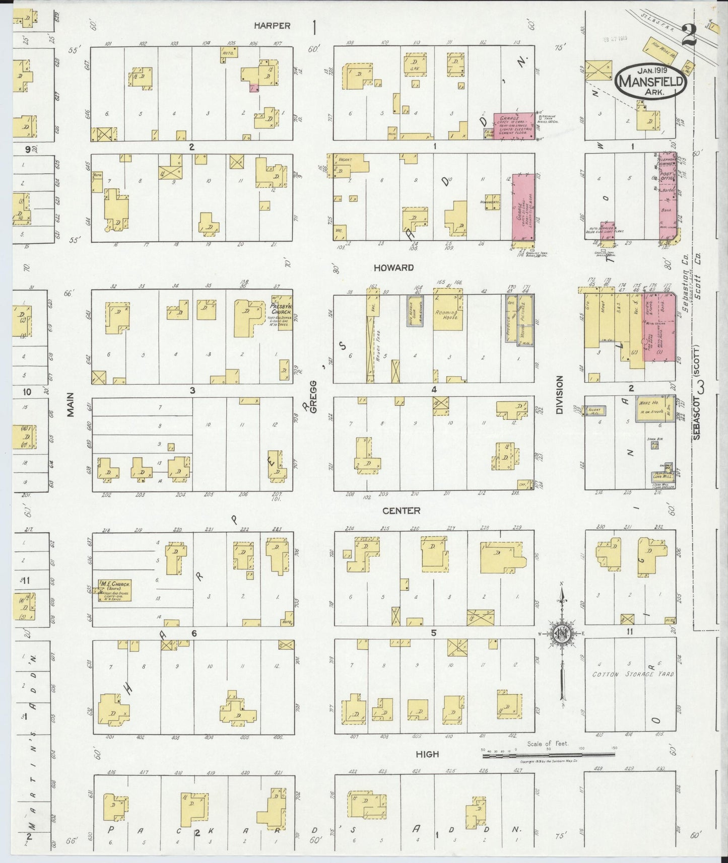 Sanborn Fire Insurance Map from Mansfield, Sebastian And Scott Counties, Arkansas (1919), Sheet #0002 - Complete Map Set gallery image, historic Sanborn map, vintage wall art, Arkansas Arkansas