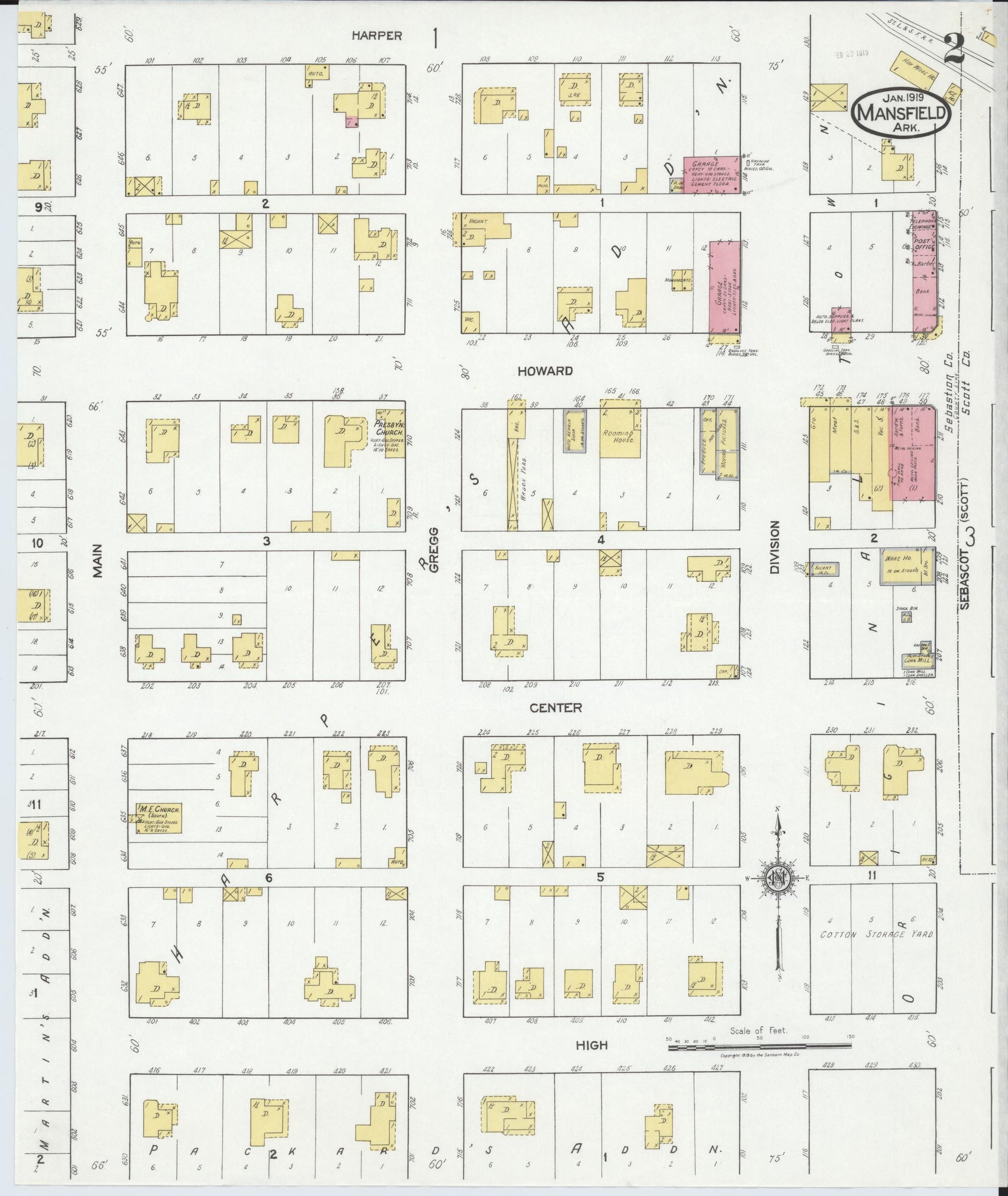 Sanborn Fire Insurance Map from Mansfield, Sebastian And Scott Counties, Arkansas (1919), Sheet #0002 - Complete Map Set gallery image, historic Sanborn map, vintage wall art, Arkansas Arkansas