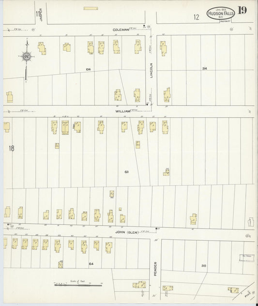 Sanborn Fire Insurance Map from Hudson Falls, Washington County, New York (1913), Sheet #0019 - Historic Sanborn Fire Insurance Map Print, vintage old map wall art, antique decor, genealogy gift, New York New York map