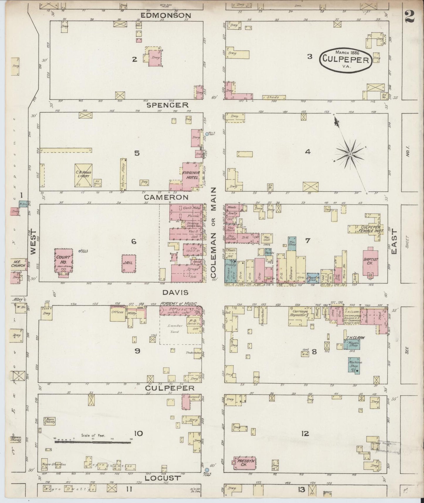 Sanborn Fire Insurance Map from Culpeper, Culpeper County, Virginia (1886), Sheet #0002 - Complete Map Set gallery image, historic Sanborn map, vintage wall art, Virginia Virginia