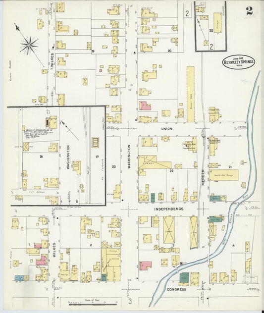 Sanborn Fire Insurance Map from Berkeley Springs, Morgan County, West Virginia (1907), Sheet #0002 - Historic Sanborn Fire Insurance Map Print, vintage old map wall art, antique decor, genealogy gift, West Virginia West Virginia map