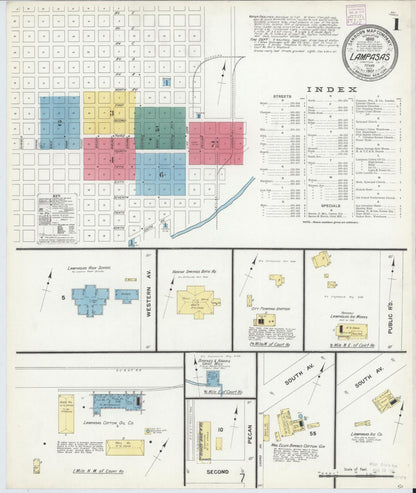 Sanborn Fire Insurance Map from Lampasas, Lampasas County, Texas (1907), Sheet #0001 - Complete Map Set gallery image, historic Sanborn map, vintage wall art, Texas Texas