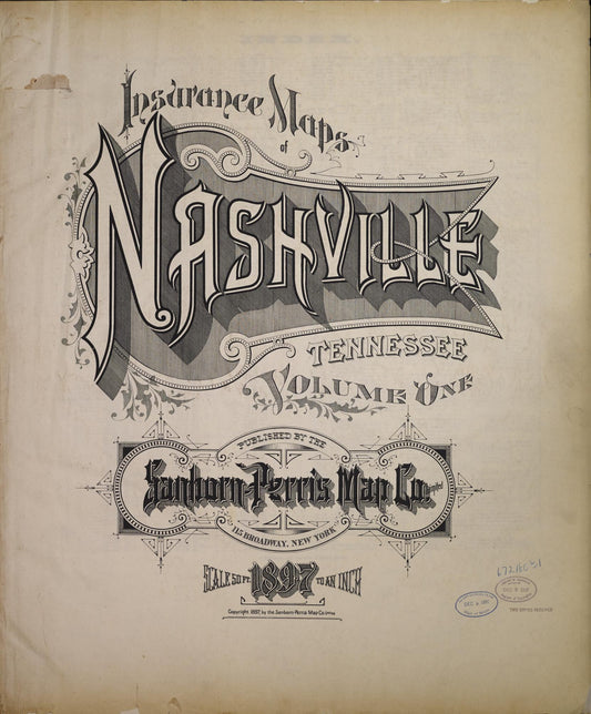 Sanborn Fire Insurance Map from Nashville, Davidson County, Tennessee (1897), Sheet #0001 - Historic Sanborn Fire Insurance Map Print, vintage old map wall art, antique decor, genealogy gift, Tennessee Tennessee map