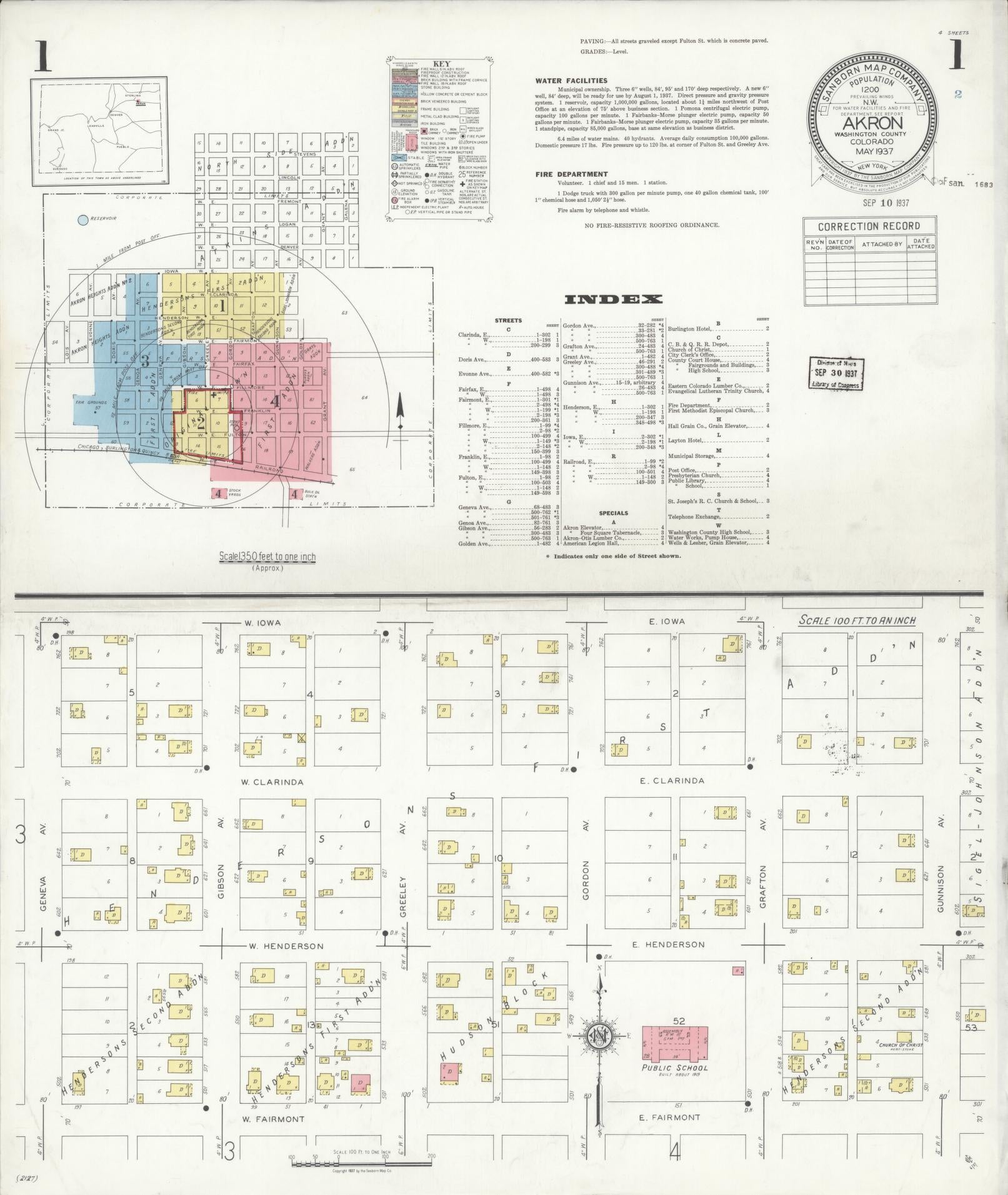 Sanborn Fire Insurance Map from Akron, Washington County, Colorado (1937), Sheet #0001 - Complete Map Set gallery image, historic Sanborn map, vintage wall art, Colorado Colorado