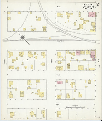 Sanborn Fire Insurance Map from Allendale, Allendale County, South Carolina (1910), Sheet #0002 - Complete Map Set gallery image, historic Sanborn map, vintage wall art, South Carolina South Carolina