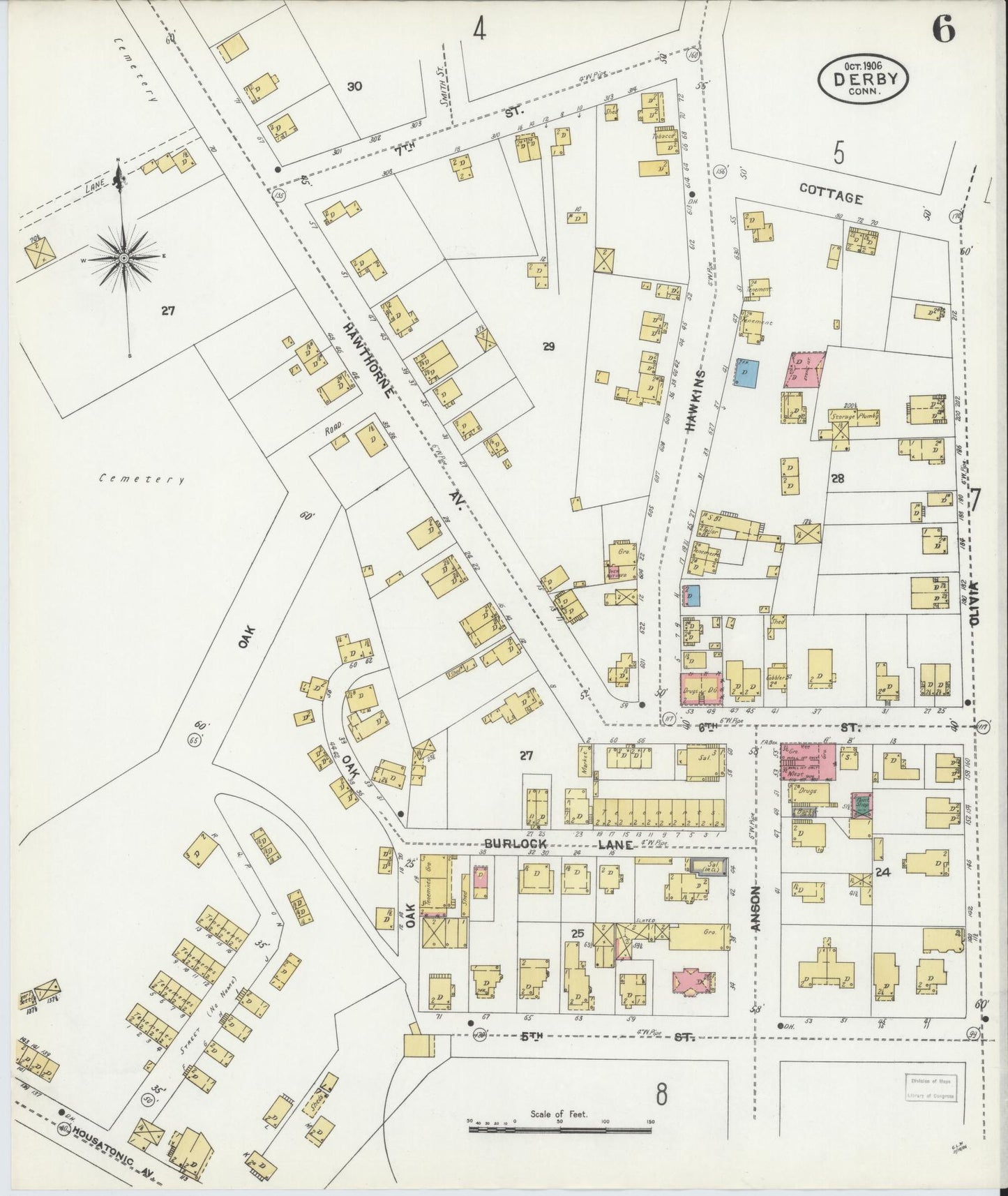 Sanborn Fire Insurance Map from Derby, New Haven County, Connecticut (1906), Sheet #0006 - Complete Map Set gallery image, historic Sanborn map, vintage wall art, Connecticut Connecticut
