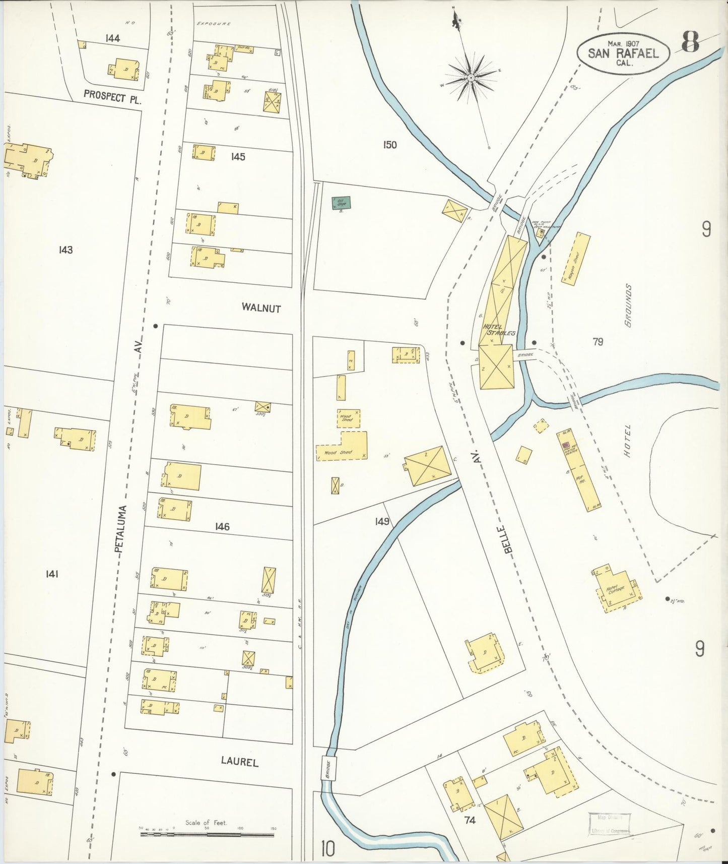 Sanborn Fire Insurance Map from San Rafael, Marin County, California (1907), Sheet #0008 - Complete Map Set gallery image, historic Sanborn map, vintage wall art, California California