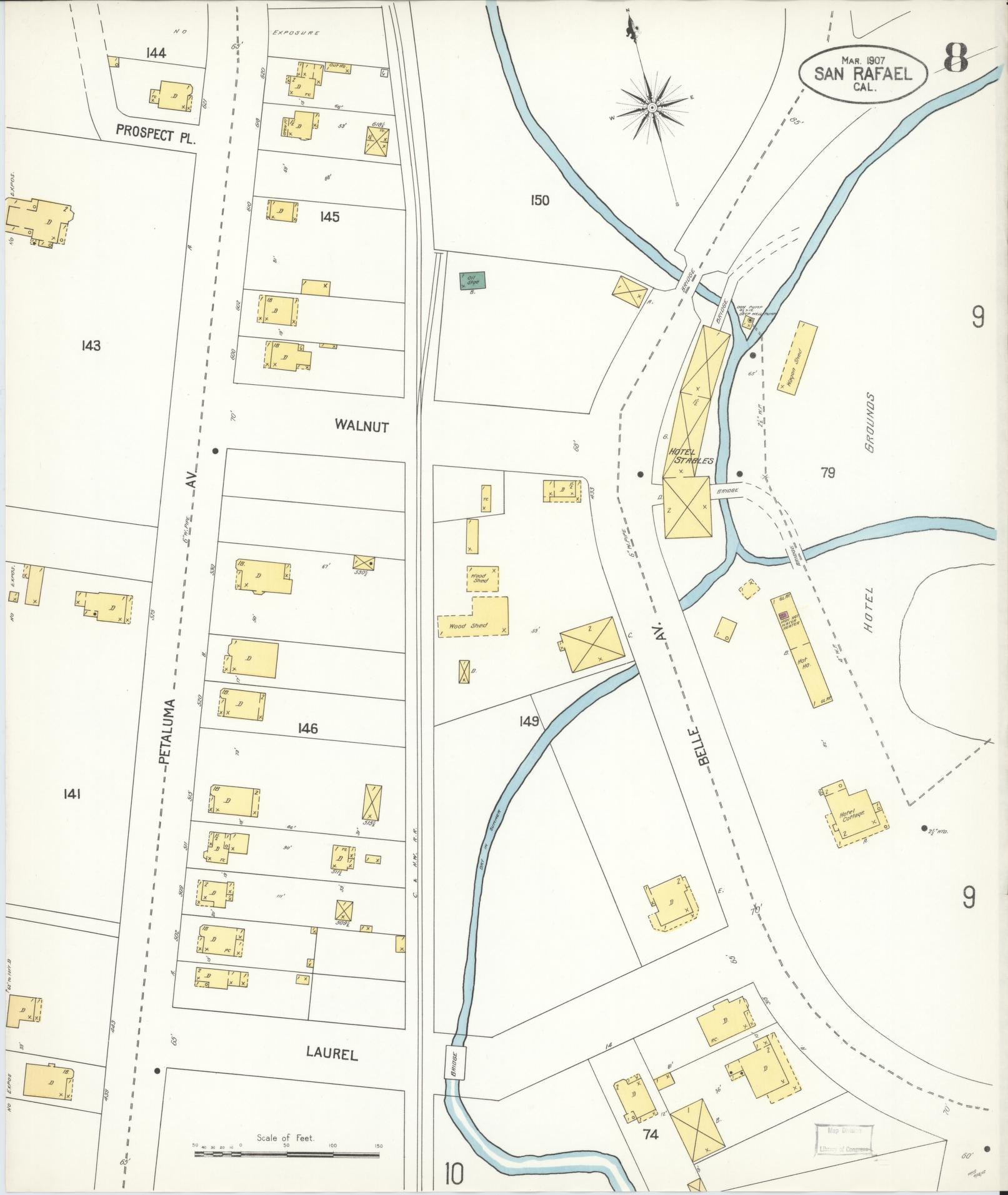 Sanborn Fire Insurance Map from San Rafael, Marin County, California (1907), Sheet #0008 - Complete Map Set gallery image, historic Sanborn map, vintage wall art, California California