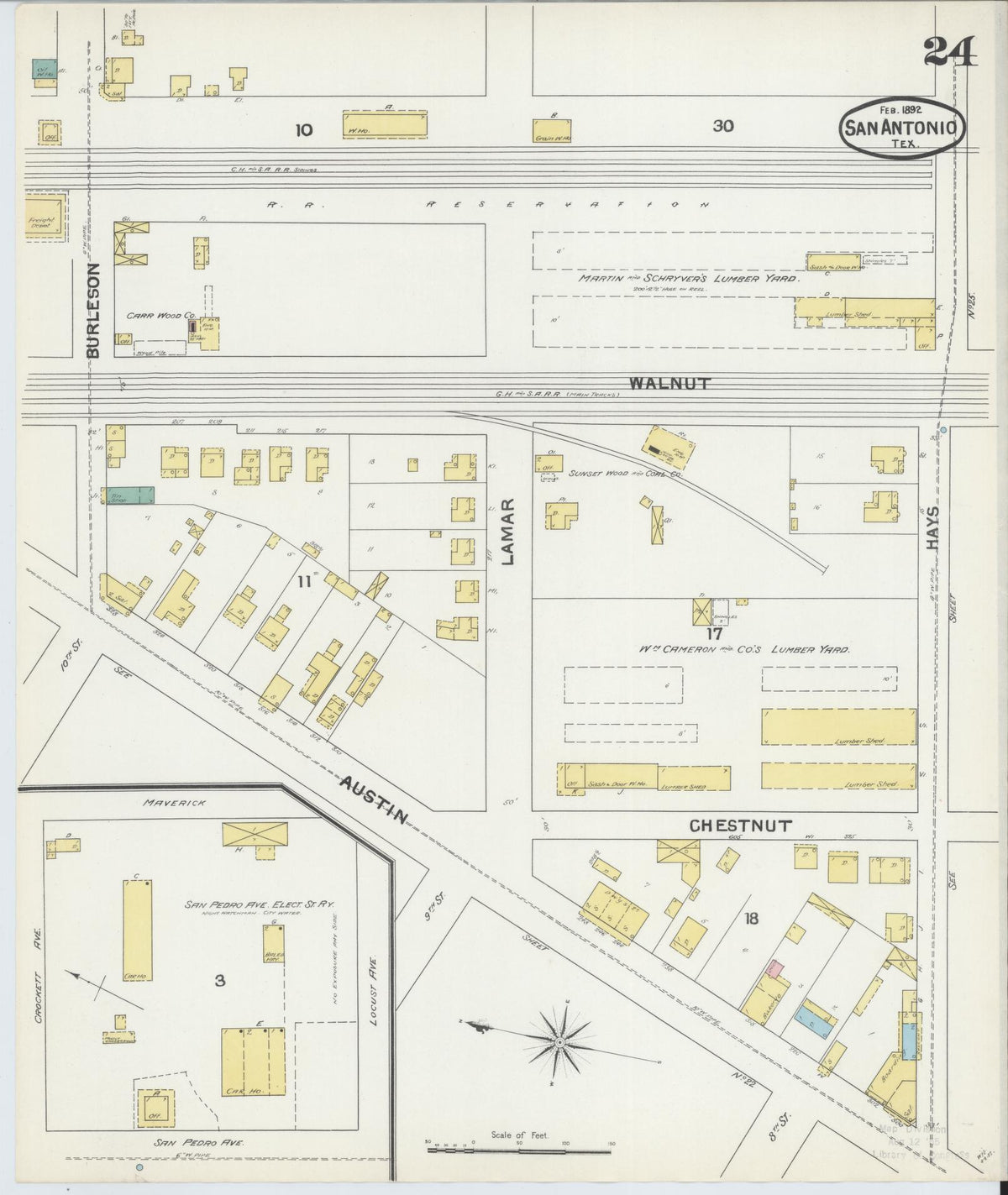 Sanborn Fire Insurance Map from San Antonio, Bexar County, Texas (1892), Sheet #0024 - Complete Map Set gallery image, historic Sanborn map, vintage wall art, Texas Texas