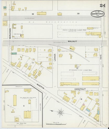 Sanborn Fire Insurance Map from San Antonio, Bexar County, Texas (1892), Sheet #0024 - Complete Map Set gallery image, historic Sanborn map, vintage wall art, Texas Texas