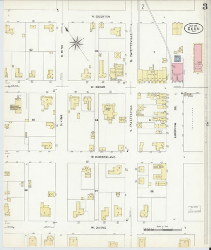 Sanborn Fire Insurance Map from Dunn, Harnett County, North Carolina (1908), Sheet #0003 - Complete Map Set gallery image, historic Sanborn map, vintage wall art, North Carolina North Carolina