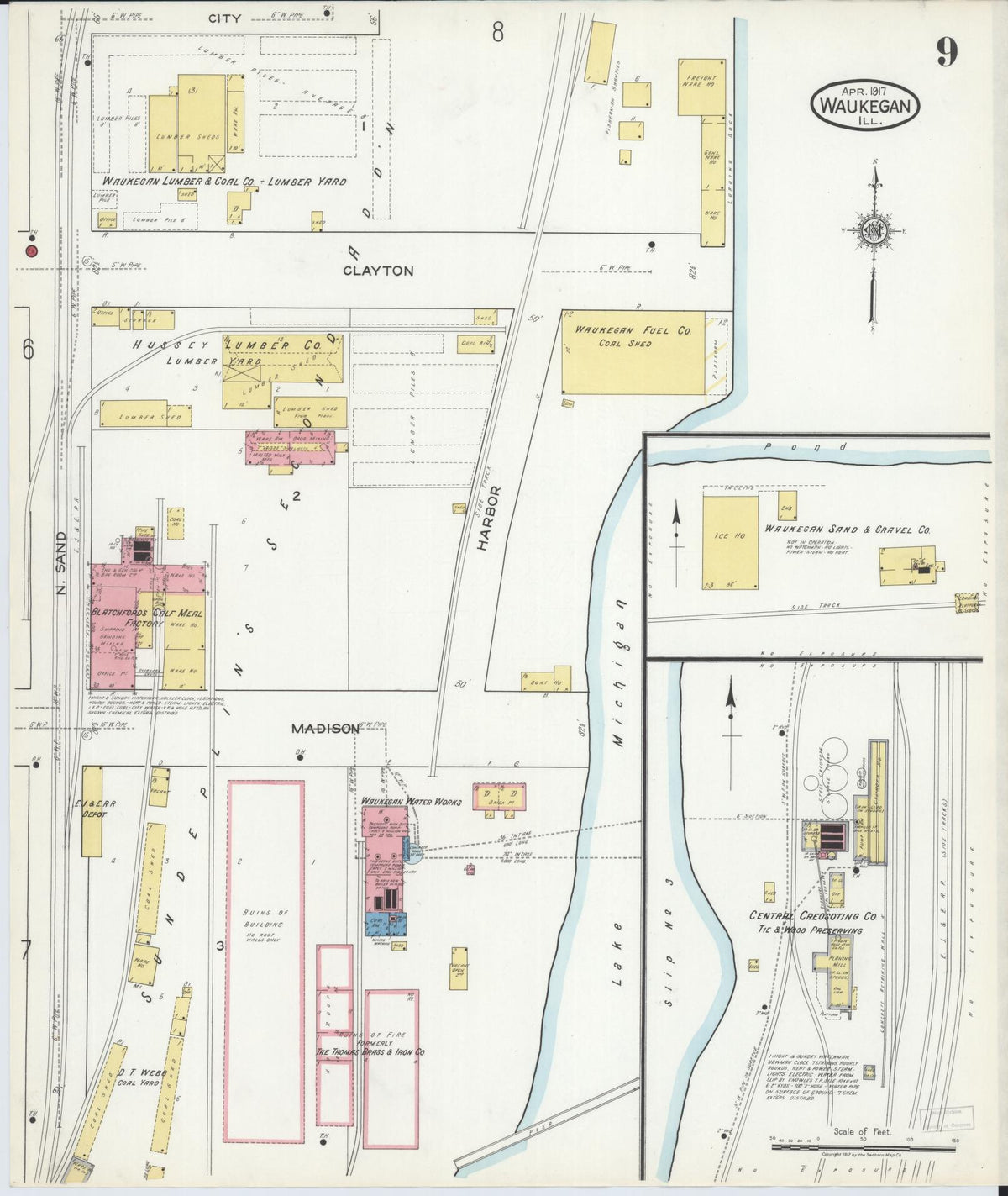 Sanborn Fire Insurance Map from Waukegan, Lake County, Illinois (1917), Sheet #0009 - Historic Sanborn Fire Insurance Map Print, vintage old map wall art, antique decor, genealogy gift, Illinois Illinois map