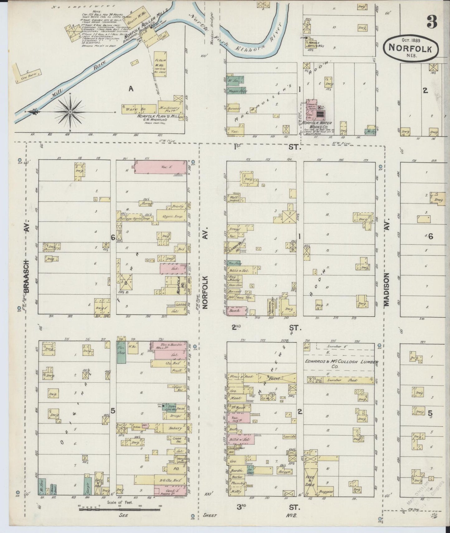 Sanborn Fire Insurance Map from Norfolk, Madison County, Nebraska (1889), Sheet #0003 - Historic Sanborn Fire Insurance Map Print, vintage old map wall art, antique decor, genealogy gift, Nebraska Nebraska map