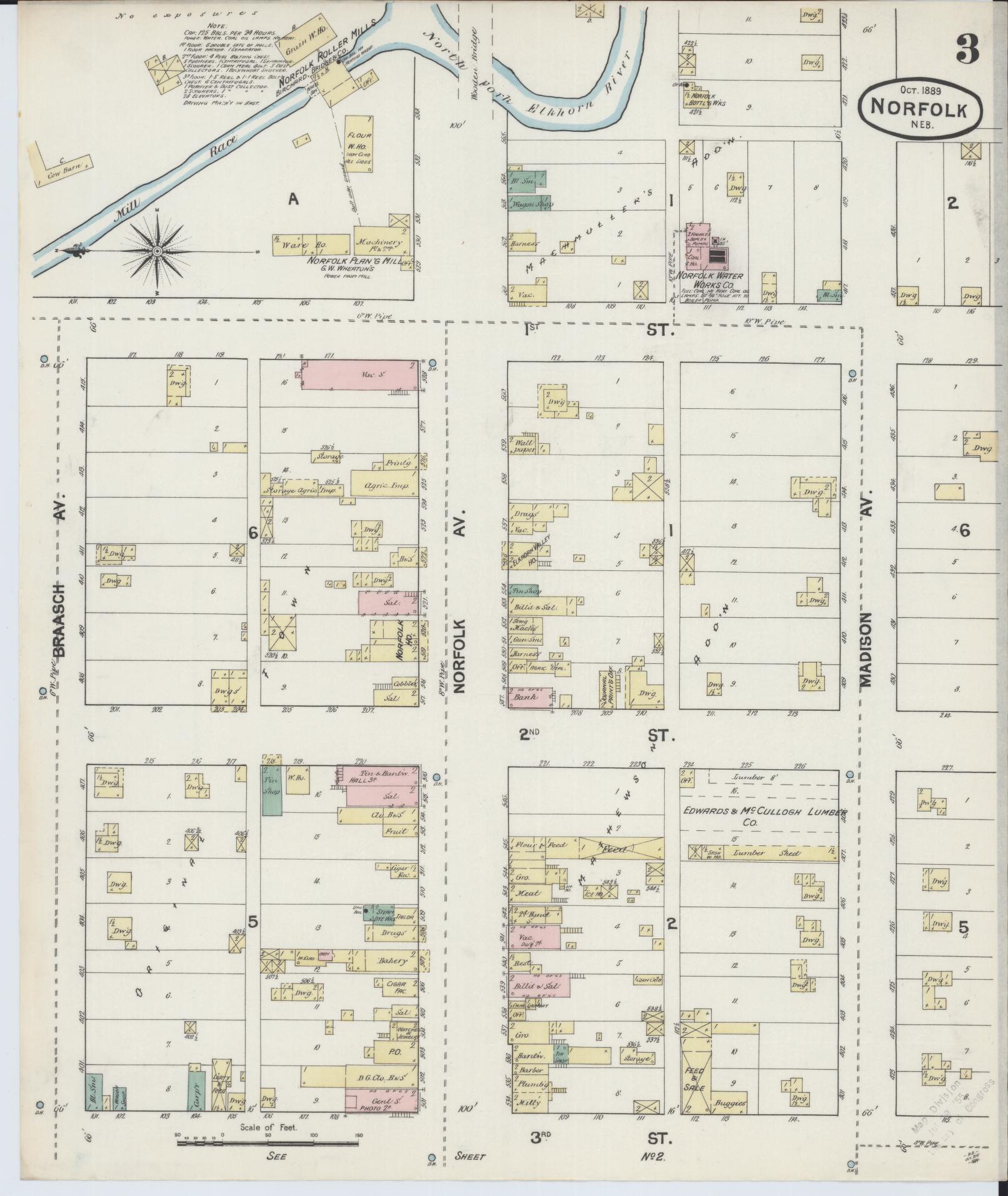 Sanborn Fire Insurance Map from Norfolk, Madison County, Nebraska (1889), Sheet #0003 - Historic Sanborn Fire Insurance Map Print, vintage old map wall art, antique decor, genealogy gift, Nebraska Nebraska map