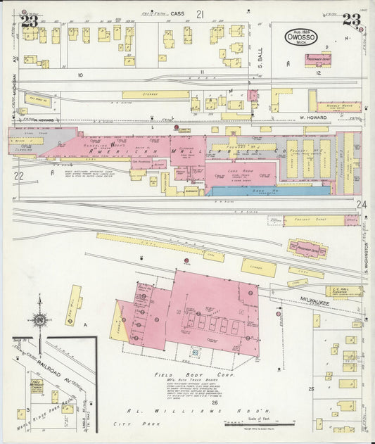 Sanborn Fire Insurance Map from Owosso, Shiawassee County, Michigan (1924), Sheet #0023 - Historic Sanborn Fire Insurance Map Print, vintage old map wall art, antique decor, genealogy gift, Michigan Michigan map