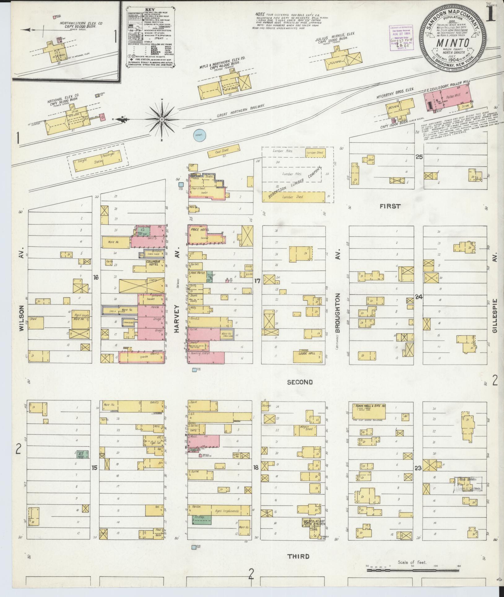 Sanborn Fire Insurance Map from Minto, Walsh County, North Dakota (1904), Sheet #0001 - Complete Map Set gallery image, historic Sanborn map, vintage wall art, North Dakota North Dakota